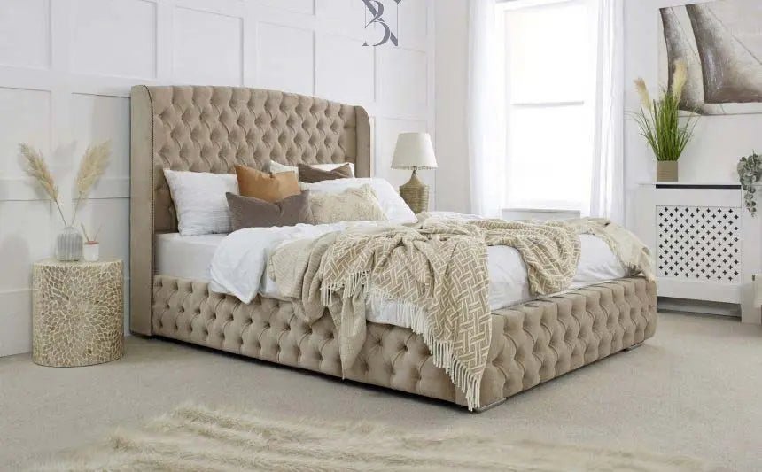 Emmerson Wingback Upholstered Bed Frame - BedsnBoards
