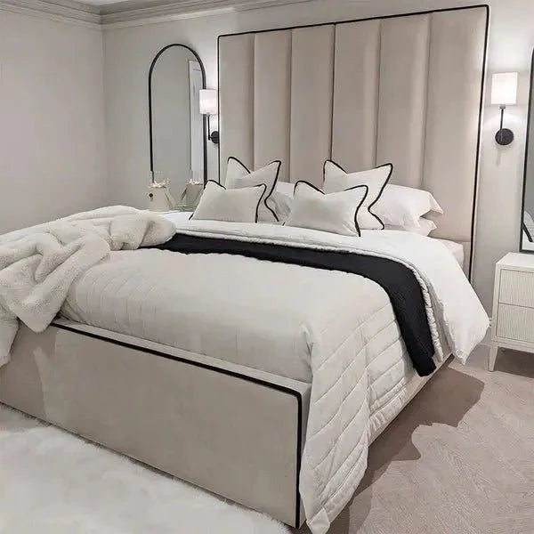 Luxury Mercer Cream Velvet Bed – Panelled Frame with Black Piping - BedsnBoards