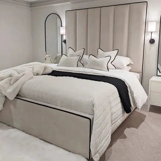 Luxury Mercer Cream Velvet Bed – Panelled Frame with Black Piping - BedsnBoards