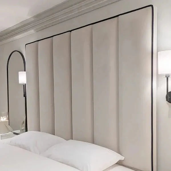 Luxury Mercer Cream Velvet Bed – Panelled Frame with Black Piping - BedsnBoards