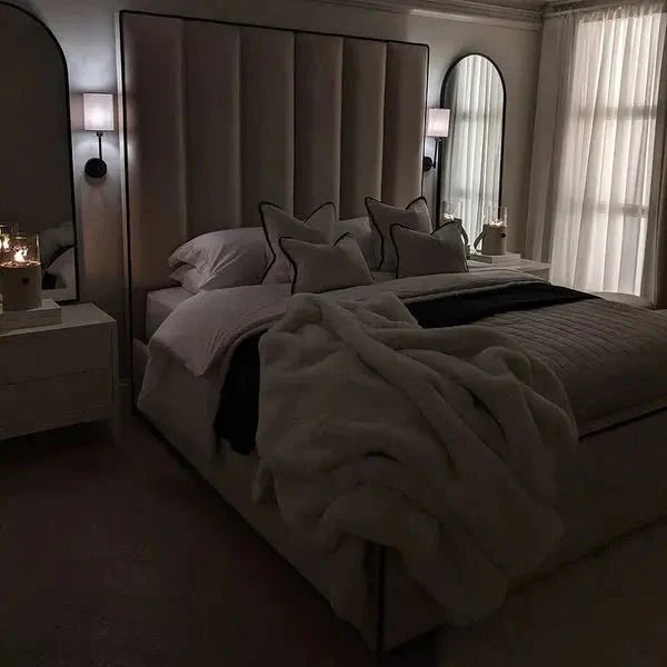 Luxury Mercer Cream Velvet Bed – Panelled Frame with Black Piping - BedsnBoards