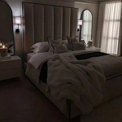 Luxury Mercer Cream Velvet Bed – Panelled Frame with Black Piping - BedsnBoards