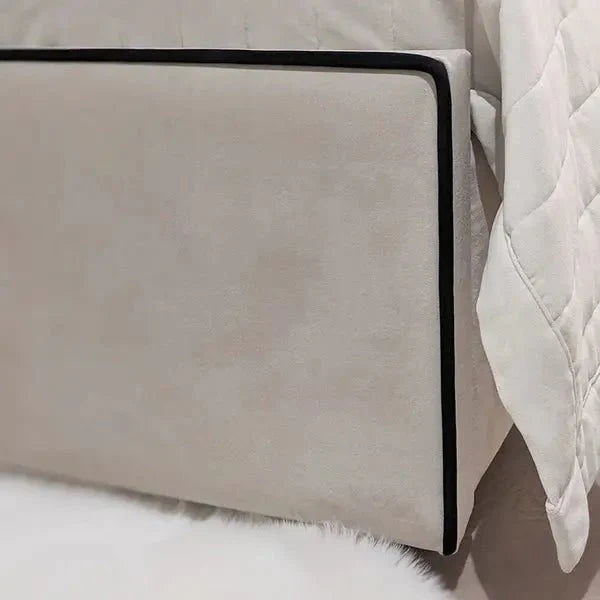 Luxury Mercer Cream Velvet Bed – Panelled Frame with Black Piping - BedsnBoards