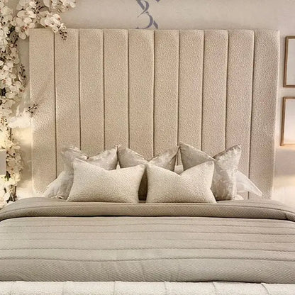 Nori Boucle Luxury Bed – Cream Panelled Headboard | Ottoman Storage - BedsnBoards