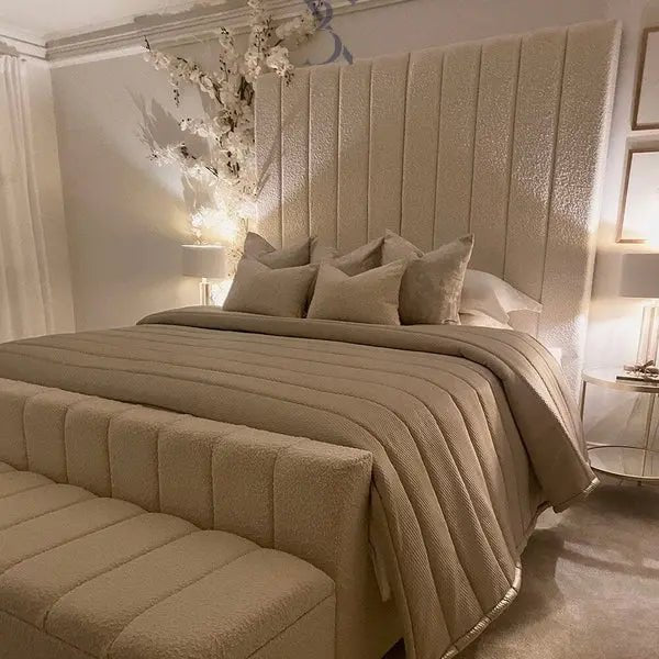 Nori Boucle Luxury Bed – Cream Panelled Headboard | Ottoman Storage - BedsnBoards