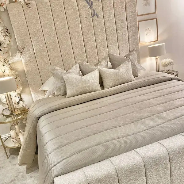 Nori Boucle Luxury Bed – Cream Panelled Headboard | Ottoman Storage - BedsnBoards