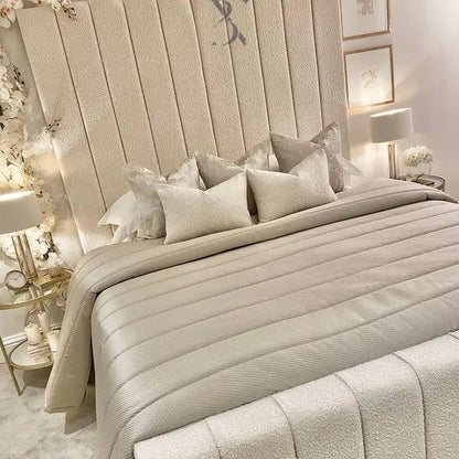 Nori Boucle Luxury Bed – Cream Panelled Headboard | Ottoman Storage - BedsnBoards