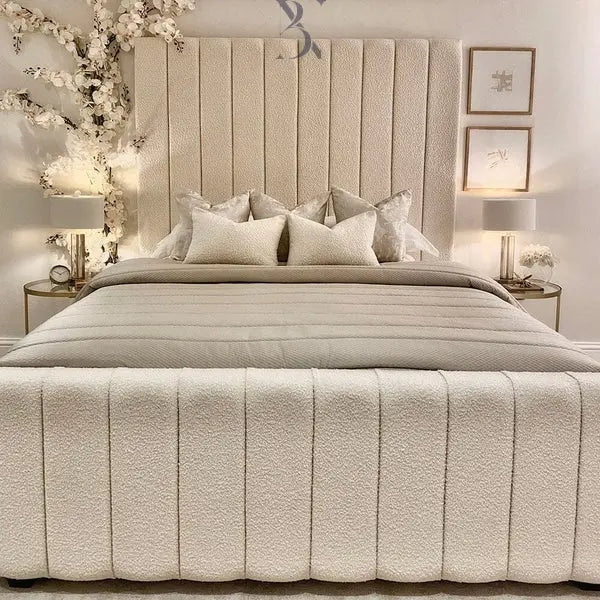 Nori Boucle Luxury Bed – Cream Panelled Headboard | Ottoman Storage - BedsnBoards