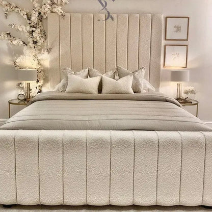 Nori Boucle Luxury Bed – Cream Panelled Headboard | Ottoman Storage - BedsnBoards