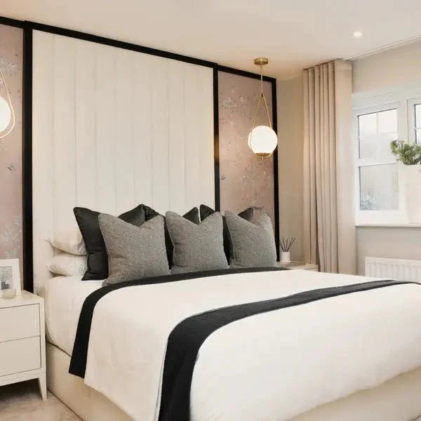 Valentina Cloud Boucle & Black Channeled Headboard - BedsnBoards